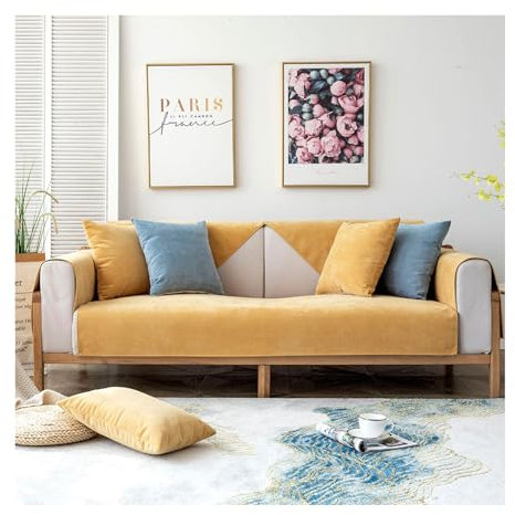 Tauzveok Chenille Sofabezug, 3 2 1 4 Sitzer Sofaschoner rutschfest, Sofadecken Für Sitzfläche, Für L Form, U Form, Ecksofa Sofahusse,Gelb,90 * 180cm