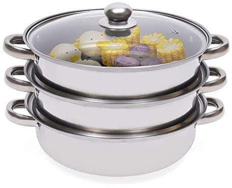 OUBUBY Dampfkocher, 3 Schicht Edelstahl Dampfgarer Schnellkochtopf Kochtopf Dampfgarer mit Glasdeckel Stapelbarer Dampfgarer Geeignet für Alle Arten Von Kochgeschirr