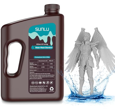 SUNLU Wasser Abwaschbar 3D Drucker Resin 3kg, 405nm UV Harz 3D Druck Standard Photopolymer Harz für 4/6/8K LCD DLP SLA Resin 3D Printer, Hohe Präzision,Geringer Geruch,Water Washable,Grau 3000g