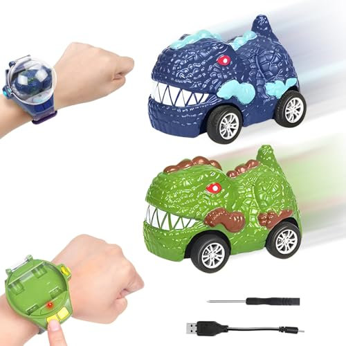 OBEST Fernbedienung Auto Uhr,2 Teiliger Mini Dinosaurier Rennwagen,2.4GHz USB Tragbares Sportspielzeug,Geschenk für Jungen und Mädchen