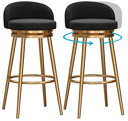WAGXIyU Barstühle mit Rückenlehne, Moderne Barhocker im 2er-Set, um 360° drehbare Samt-Barhocker mit goldfarbenen Metallbeinen für Küche/Hausbar/Esszimmer/Büro, 65 cm, Schwarz