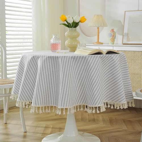 meioro Gestreifte Tischdecke Rechteckige Tischtuch mit Quasten, Abwaschbare Tischdecken Dekorative Tischwäsche für Küche, Esszimmer und Tabletop (Grau/Weiße Streifen,Durchmesser 120cm)