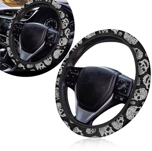 JawGrew 1 x Lenkradbezug für Auto, 37,8 cm, Bohemian-Stil, Totenkopf-Dekoration, kratzfest, schweißabsorbierend, atmungsaktiv, rutschfest, für alle Jahreszeiten, universell für Autos (Schwarz und