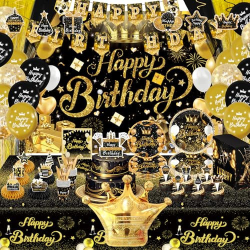 164PCS Happy Birthday Decorations Black and Gold,Black and Gold Party Birthday Decorations,Black Gold Party Decorations for Men Women Include Plates Cups Napkins Party Decorations