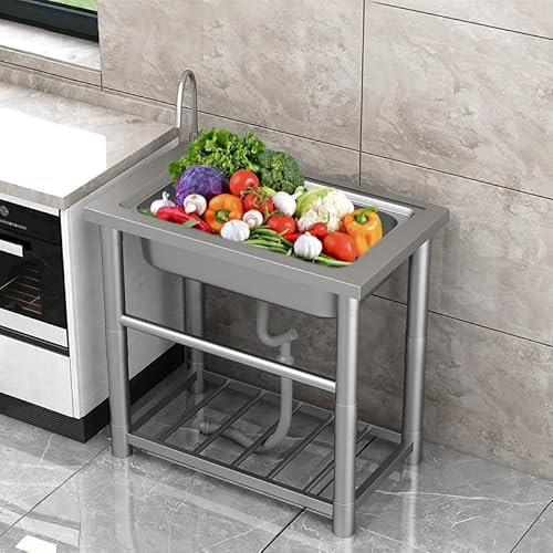 Fregadero de Cocina Comercial Fregadero con Grifo de Mangueras FríAs y Calientes Mueble Fregadero 1 Seno Acero Inoxidable con Estantes de Almacenamiento Para Cocina,lavandería,exterior(17.32x15.35x29.