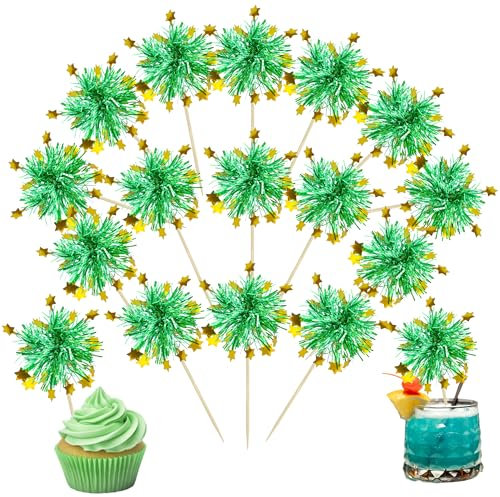 Ephlyn 30Pcs Foil Firework Cupcake Toppers Happy Birthday Cake Toppers Tinsel Flower Drink Stirrers Cocktail Food Fruit Toothpicks for Valentine's Day Party Decorations Green