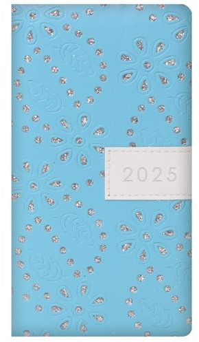Terminplaner 2025, stilvolles blaues Glitzer-Blumendesign, schmal, weicher Einband, Wochenansicht