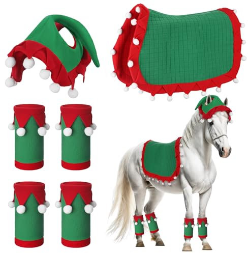 Abbylike Weihnachtsmann-Beinwickel mit Kunstfellbesatz, Allzweck-Schabracke für Weihnachten, Pferd, Kostüm, Zubehör (klassischer Stil, rot, grün), 6 Stück
