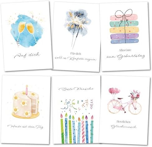 BIROYAL 12 Geburtstagskarten Set mit Umschlag - 148x105 mm Geburtstagskarte - Karte Geburtstag mit Aquarell Design - Grußkarten für Glückwunschkarte - Hochwertige Happy Birthday Karte für Mann Frau