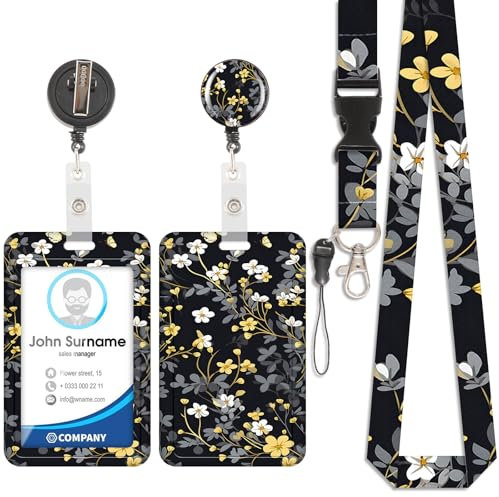 Portacarte floreale, badge identificativo, cordino staccabile con clip retrattile, utilizzabile per portachiavi, biglietti da visita, biglietti da visita, carte d'identità