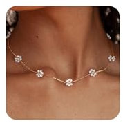 ZHESHY Gold Perlenkette Damen 14k Vergoldet Silber Halskette Weiße Perle Zarte Blume Beads Choker Layering Goldkette Silberkette Mit Anhänger Hypoallergene Hochzeit Geschenke Braut Frauen Modeschmuck