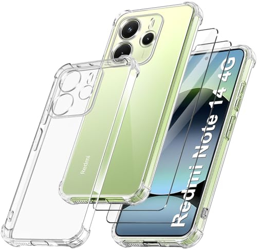 FLLAO Cover per Xiaomi Redmi Note 14 4G (Non per 5G) - Trasparente | 2 Vetro Temperato, Anti Ingiallimento Antiurto Protezione Fotocamera Silicona TPU Custodia per Xiaomi Redmi Note 14 4G