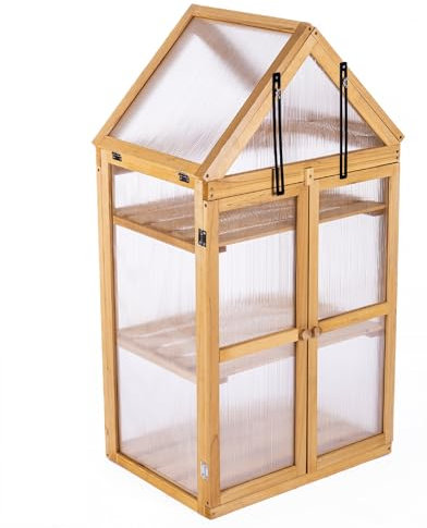 Garden Gear Wooden 3 Shelf Greenhouse, Fir Wood Frame, Polycarbonate Panels, Hinged Roof, Double Doors, Weather Protection