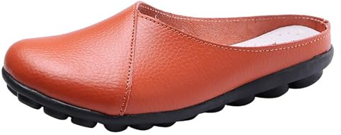 Women's Leather Mules Backless Loafers Slip-on Round Toe Flat Shoes Closed Toe Comfortable Summer Slipper Non-Slip Flat Shoes Orange