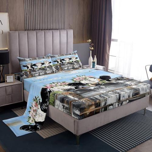 Loussiesd Juego de sábanas de vaca lechera, tamaño individual, bonitas sábanas de animales de granja con bolsillo profundo para niños, juego de sábanas de granja, 1 sábana bajera + 1 sábana encimera +