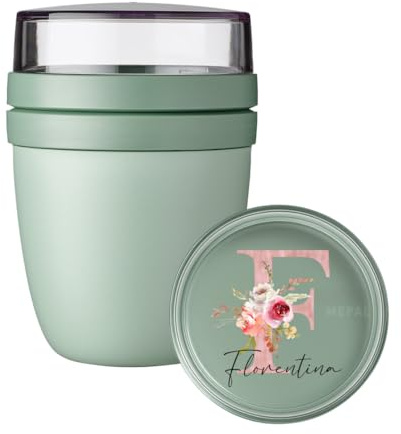 Mepal Lunch Pot personalisiert, To Go Müslibecher Snackbox Ellipse mit Name, bunter Blumen Aufdruck floraler Buchstabe Initiale, Groß Mint
