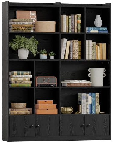 IRONCK Libreria e libreria, grande libreria a 6 ripiani con 4 ante, da pavimento, per casa, ufficio, soggiorno, camera da letto, nero