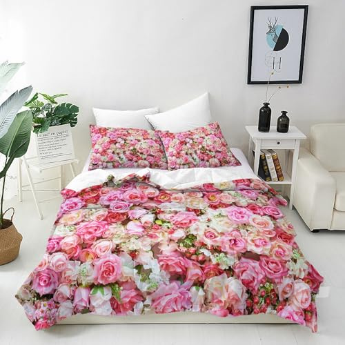 ANHOPE Romantic Rose Flower Wall Duvet Cover Set Single | Includes 2 Pillowcases, Soft Microfibre, Kids Girls Bedding Quilt Cover Set with Zipper Closure, for Home and Hotels