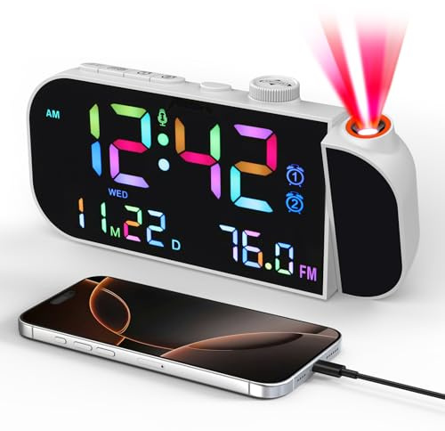 Yaskyly Projection Alarm Clock with Radio Digital Clock with 180° Rotatable Projector for Bedroom with RGB Display, FM Clock Radio, Dual Alarm, USB Port, Snooze,12/24H,Bedside Digital Alarm Clock Gift