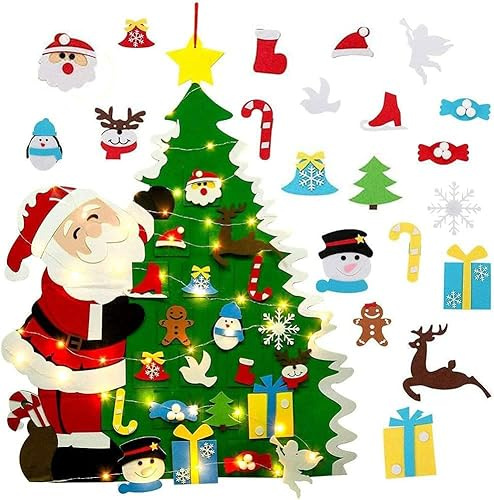 3.3 FT Felt Christmas Tree Set + Detachable Ornaments with Santa Claus and LED String Lights,Kids Wall Hanging Xmas Gifts for Christmas Decorations