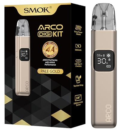 SMOK Arco Digi Pod System E-Zigarette Kit 1300mAh Akku 5–30W 3 ml Hellgold | Vape Pod Top Fill Type-C Schnellladung 0,84-Zoll-LCD Anzeige kompatibel mit Arco Pod Cartridge ohne Nikotin