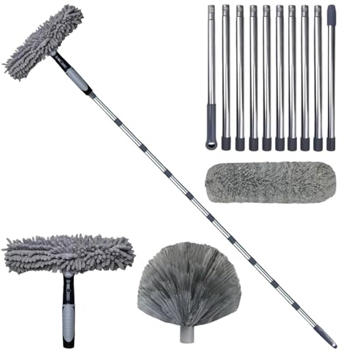 Spolverino telescopico 6 m con asta di prolunga da 1,5 a 4,9 m, set di pulizia 3 in 1 per pulizia in microfibra e scopa ragnatela, tergicristallo con manico telescopico per soffitti alti e ventilatori