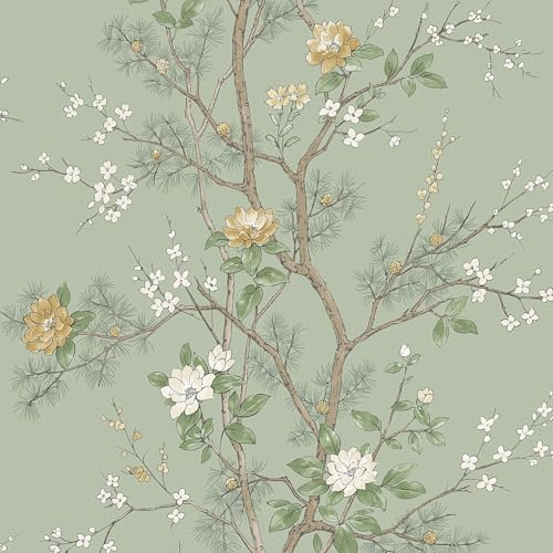 Belgravia Decor Bridget Delicate Floral Oriental Themed Matte Finish Wallpaper Perfect for Romantic Bedrooms Living Rooms Hallways Feature Wallcovering Sage Green (752)