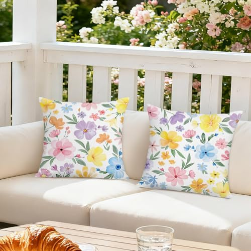 Bonhause Kissenbezüge 45x45 Aquarell Blumen Rose Gelb Lila Dekorative Kissenhülle Zierkissenbezüge für Sofa Schlafzimmer Auto Zuhause Dekoration 2er Set