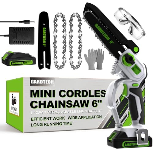 Gardtech Mini motosierra eléctrica de 6 pulgadas con batería, 2 baterías, 4000 mAh, motosierra manual para tijeras de podar, corte de madera