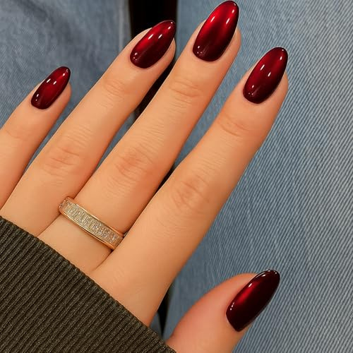 24 PCS Red Press on Nails – Glossy Wine-Red French Tips & Sparkling Finish, Short Almond Shape, ABS Material with Jelly Adhesive Tabs, Ideal for Parties, Dinners & Parties Looks