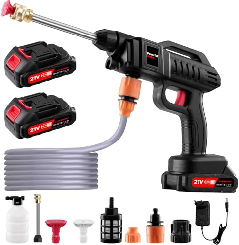 Bellanny Nettoyeur Haute Pression sans Fil, 60Bar 215L/H Pressure Washers | 21V 1500W Pistolet Portable avec 2*2.0Ah Batteries, 2 Buses 0°40°, 5m Tuyau Connecteur Pot en Mousse, pour Cour Voitures Sol