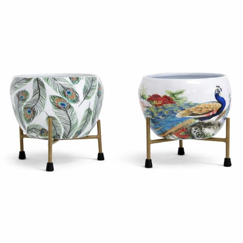 Genérico Macetas Decorativas Interior con Soporte Dorado – Pack de 2 maceteros de Metal Elegante para decoración de hogar, Escritorio u Oficina, Ideal para Plantas Ornamentales y Espacios reducidos.