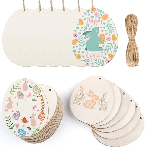 HOLDLEAF 30 Stück Ostereier zum Bemalen aus Holz – Blanko Holzeier 9,7 x 7,7 cm mit Loch & Juteband – DIY Osterdeko für Kinder, Frühling & Bastelprojekte
