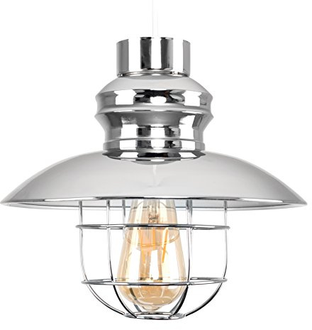 MiniSun | Fisherman's Style Silver Chrome/White Metal Ceiling Pendant Light Shade | Pendant Lights, Home Décor & Improvement Essential | 29cm Shade Width