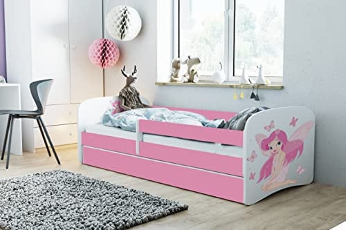 Bjird Kinderbett Jugendbett 70x140 80x160 80x180 Rosa mit Rausfallschutz Schublade und Lattenrost Kinderbetten für Mädchen - Fee mit Schmetterlingen 140 cm