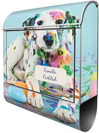banjado® Design Briefkasten personalisiert Bunter Dalmatiner 38,5x46,5x13cm & 2 Schlüssel - Briefkasten Stahl Silber Zeitungsfach pulverbeschichtet - Postkasten A4 Einwurf inkl. Montagematerial