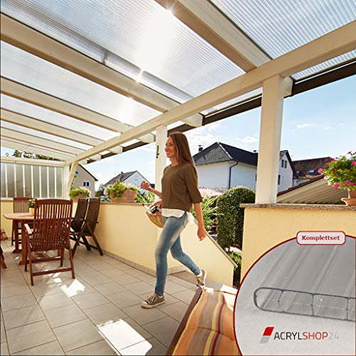 Acrylshop24 Terrassendach Terrassenüberdachung Carport Komplettset Polycarbonat 16mm 3-Fach Stegplatten farblos klar 16mm Stegplatten Tiefe:4000mm|Breite:2080mm - Mehrere Maße verfügbar