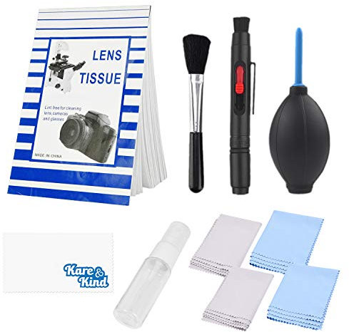 Kare & Kind Kameraobjektiv-Reinigungsset - 2-in-1-Objektivreinigungsstift, Luftgebläse, Reinigungsbürste, Leere Wiederverwendbare Sprühflasche, Objektivreinigungspapier (50 Blatt), Mikrofasertücher