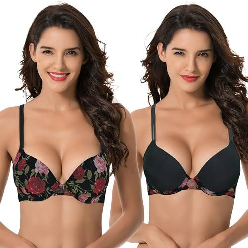 Curve Muse Women's Plus Size Perfect Shape Add 1 Cup Push Up Underwire Bras-2PK-Black Print,Black-46DDD (EU:105F)