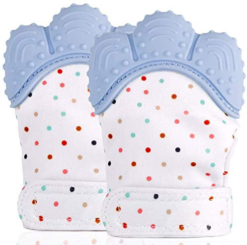 2 Pack Food Grade Silicone Teether Glove, Baby Teething Mitten - Prevent Scratches Protection Gloves Soothing Pain Relief Mitt Stimulating Teething Toys for Baby (Blue)
