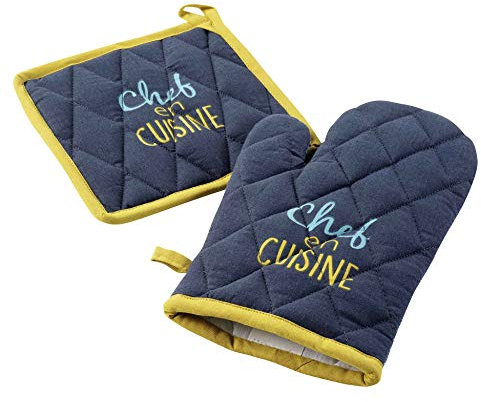 Douceur d'Intérieur, Gant et Manique (18 x 28 cm/20 x 20 cm) Chef en Cuisine Jaune, Coton Imprimé