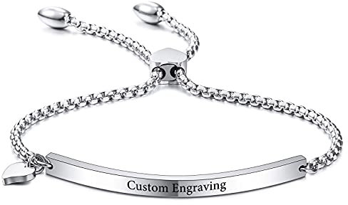 VIBOOS Personalisierte Armband Gravur Name Datum für Frauen Mädchen Benutzerdefinierte Edelstahl Armreif mit Verstellbarer Gliederkette Herz Tag Brautjungfer Bester Freund Schmuck Geschenke