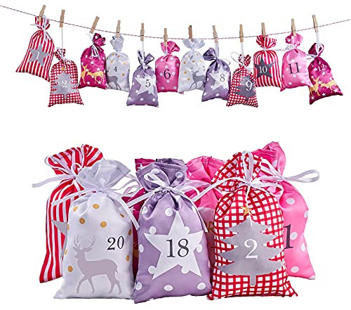 Adventskalender zum Befüllen Groß (12x21cm), 24 Stoffbeutel Kette zum selber Basteln und Aufhängen, 2024 Weihnachtskalender Selbstbefüllen Geschenksäckchen für Kinder Mädchen Frauen