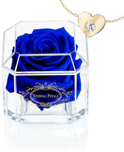 Eternal Petals A Real Rose That Lasts Years, Handmade in UK – Gold Solo with Gift Box, 18 ct Gold plated Heart Necklace with Clear Crystal and Love Message Greeting Card (Dark Blue)