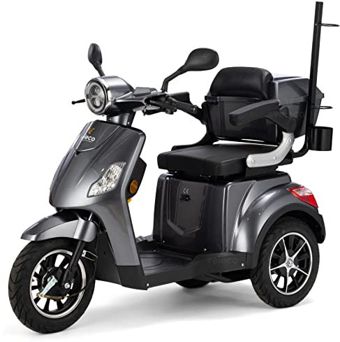 VELECO DRACO - 3-Rad Mobilitätsroller - komplett montiert und fahrbereit - elektromagnetische Bremse - Gehstockhalterung - Getränkehalter - Kofferraum - Dreirad Seniorenmobil (GRAU)