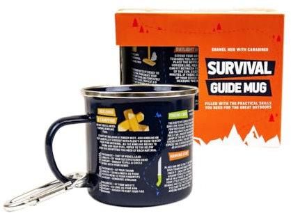 Gift Republic Survival Guide Enamel Mug & Carabiner Outdoor Camping Mug Durable Metal Coffee Cup Hikers Gift Idea Camp Kit Gardening Mug 500 ml