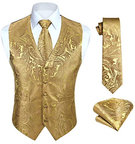 HISDERN Paisley Weste Herren Gelb Jacquard Krawatte Einstecktuch Einstecktuch Hochzeitsfeier Business Fit Weste Anzug Set M