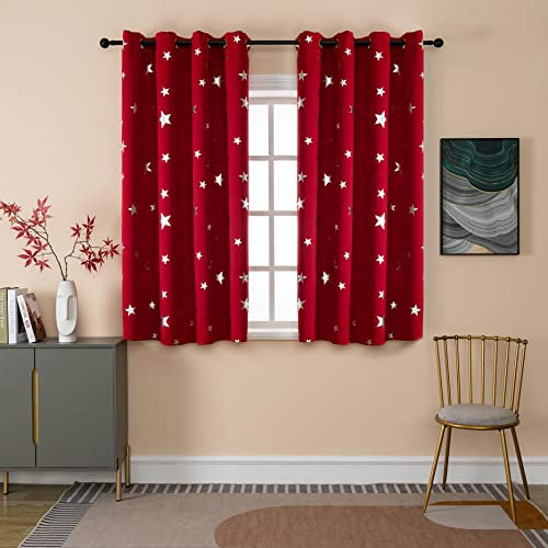 GIRASOLE HOME® Coppia Tende Oscuranti Morbide Fantasia Stelle Argentate Tenda Morbida per Interni con Occhielli 2 Pannelli (Rosso, 140x145cm)