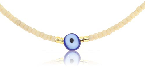 Made by Nami Perlen-Choker Halskette mit Anhänger • Minimalistische Damen Perlen-Kette • Filigranes Mädchen Perlenhalsband • Wasserfest & Verstellbar • Handmade Strand & Surfer-Schmuck (Beige Nazar)