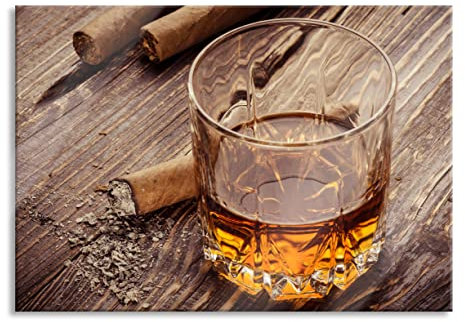 Pixxprint Glasbild, Wandbild aus Echtglas, Whisky mit Zigarre, 60x40 cm, inkl. Aufhängung und Abstandshalter